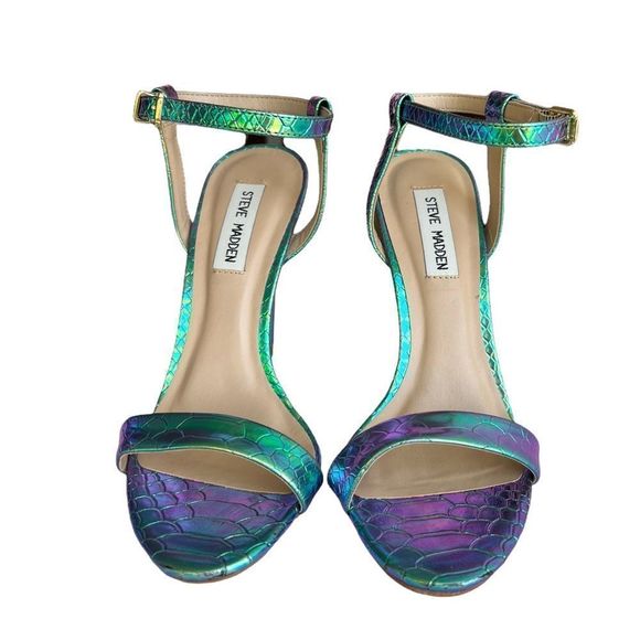 Steven Madden Carmelina Turquoise Metallic Snake-Embossed Sandal - Picture 10 of 16